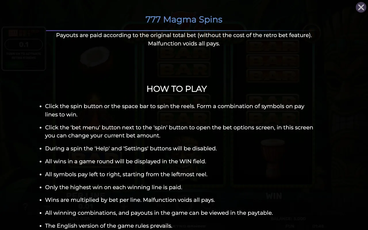 How to play — Retro 777 Magma Spins