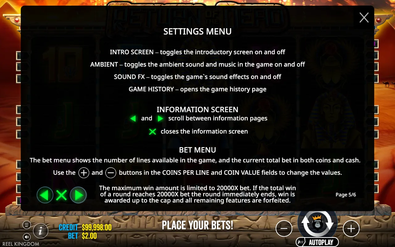 Settings menu — Return of the Dead