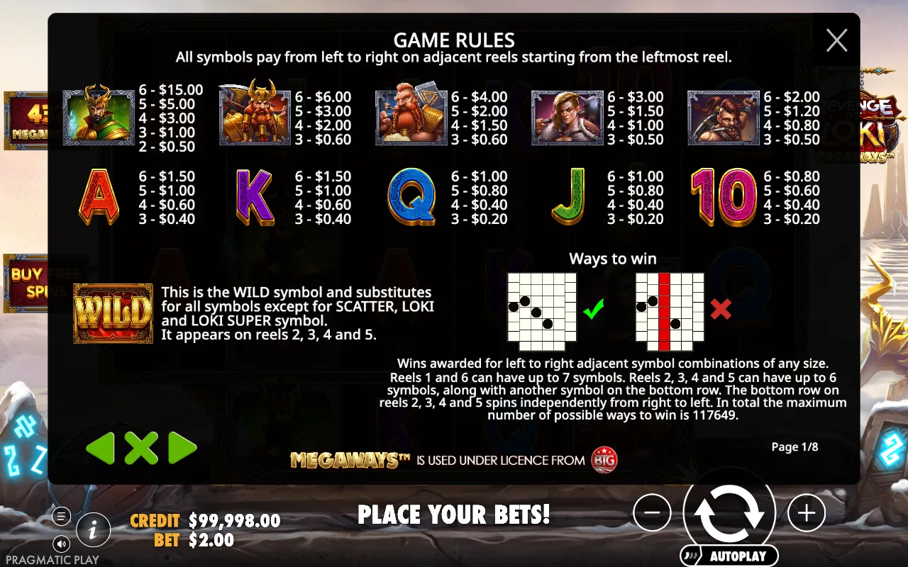 Game rules, page 1 — Revenge of Loki Megaways