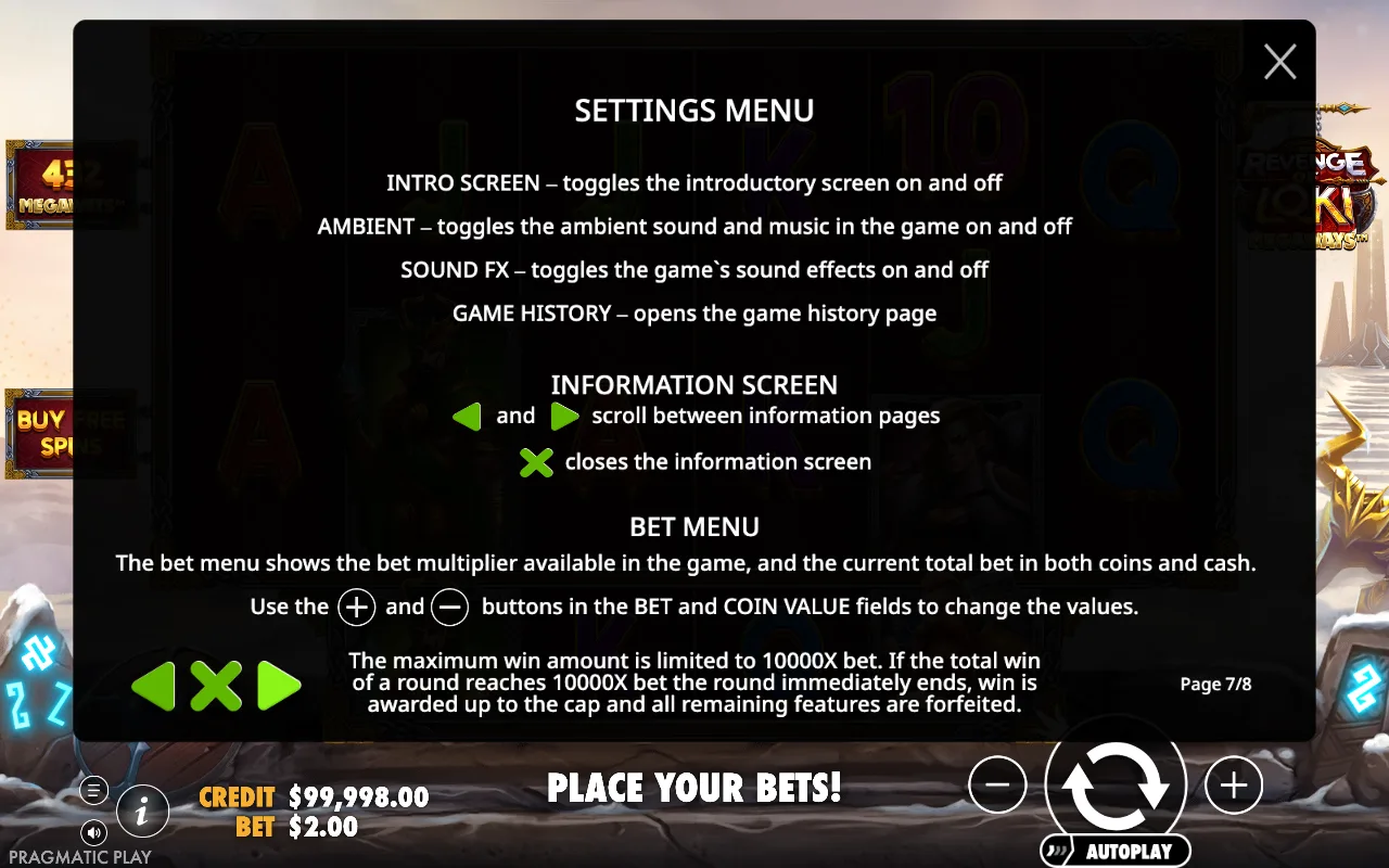 Settings menu — Revenge of Loki Megaways