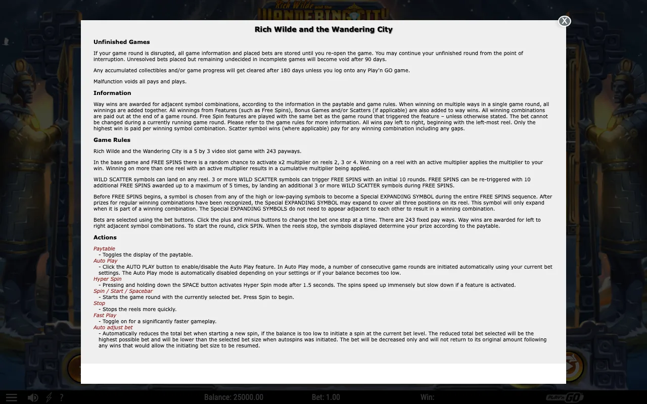 Game rules, page 1 — Rich Wilde and the Wandering City