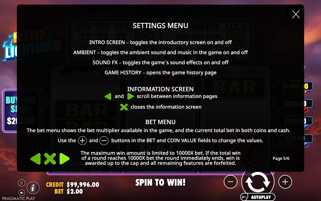 Settings menu — Ride the Lightning