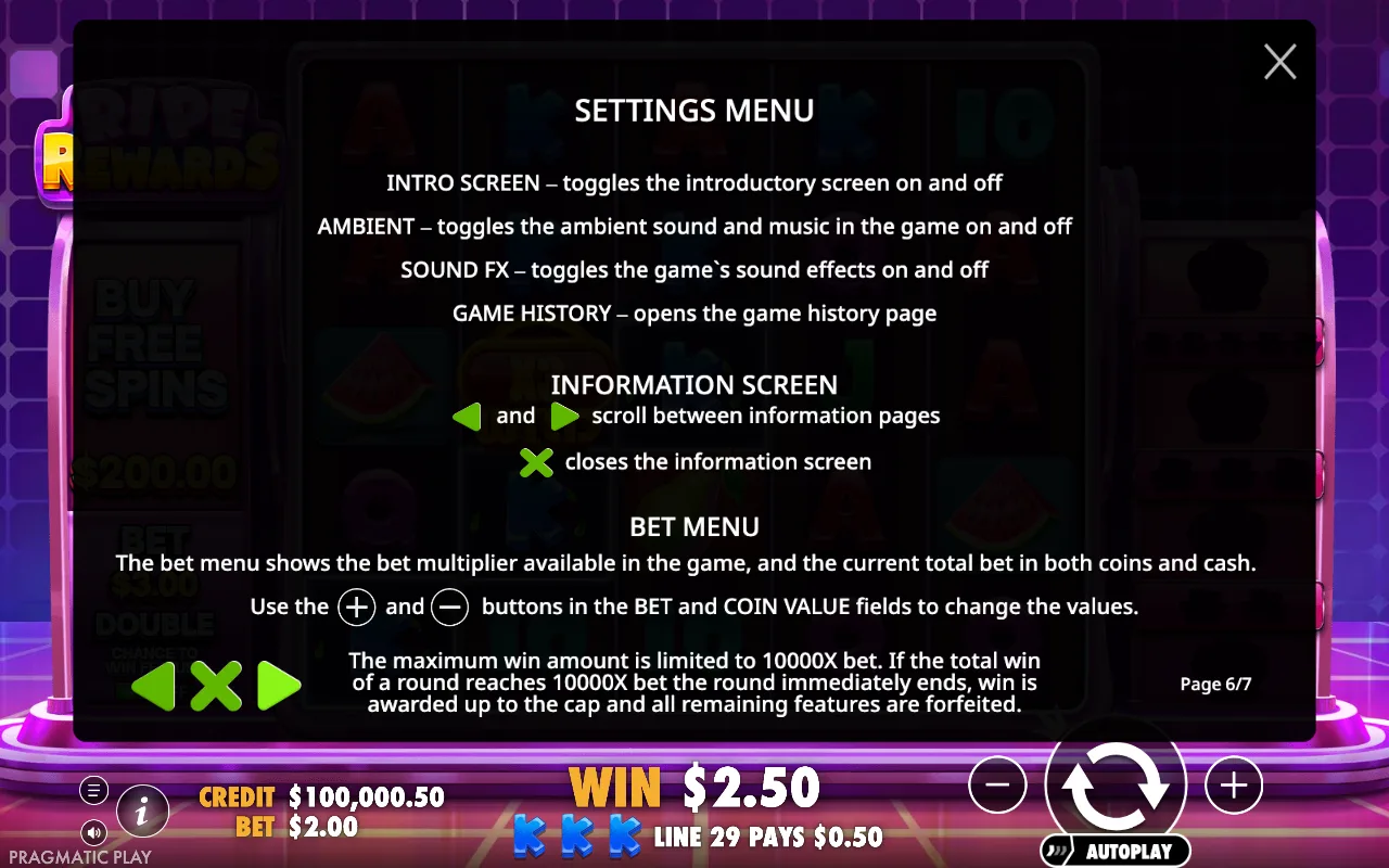Settings menu — Ripe Rewards