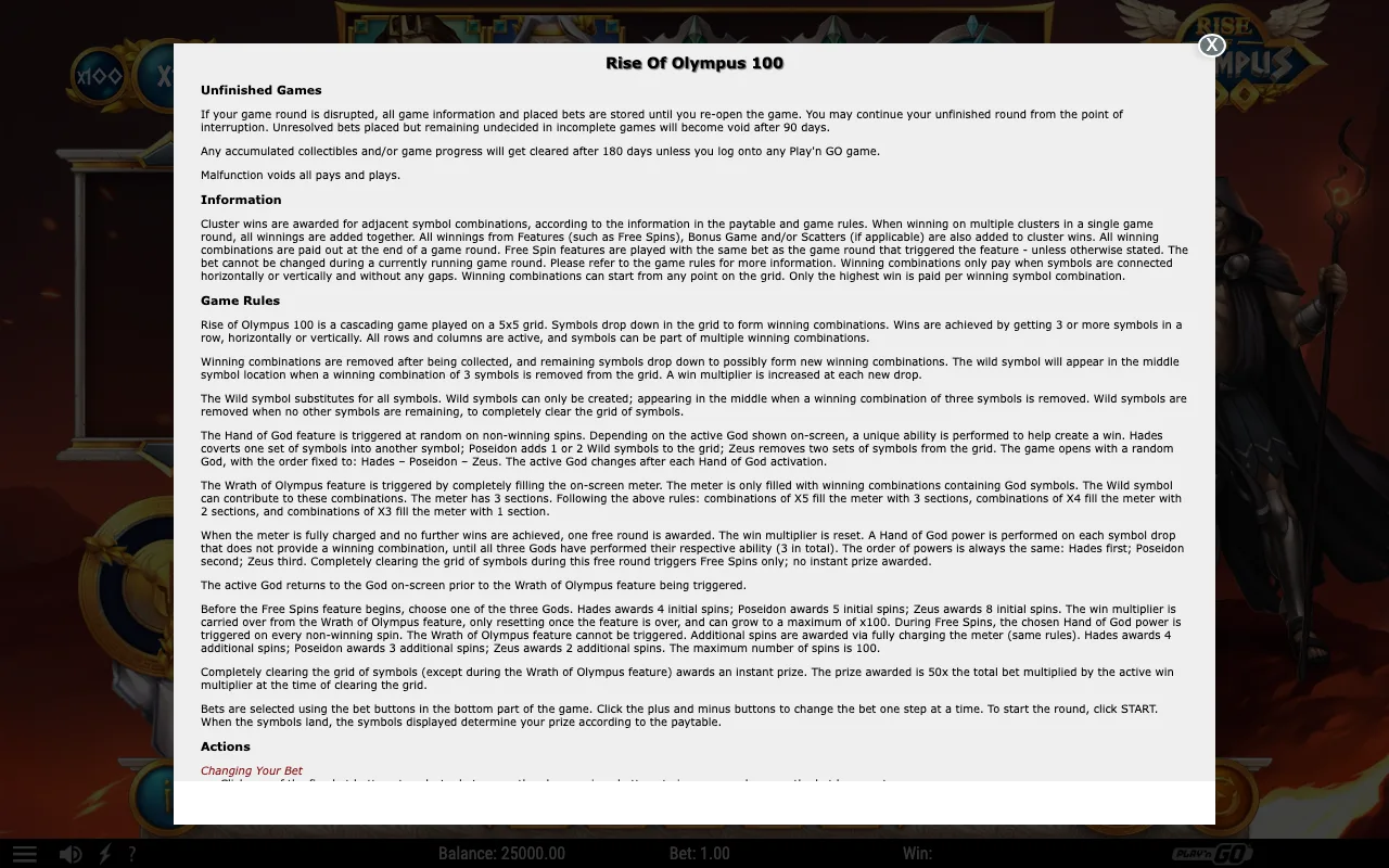 Game rules, page 1 — Rise of Olympus 100