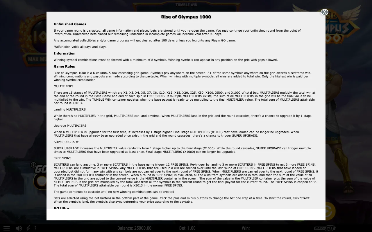 Game rules, page 1 — Rise of Olympus 1000