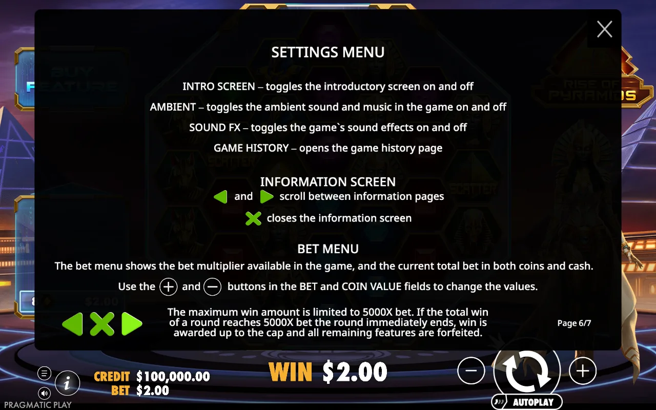 Settings menu — Rise of Pyramids