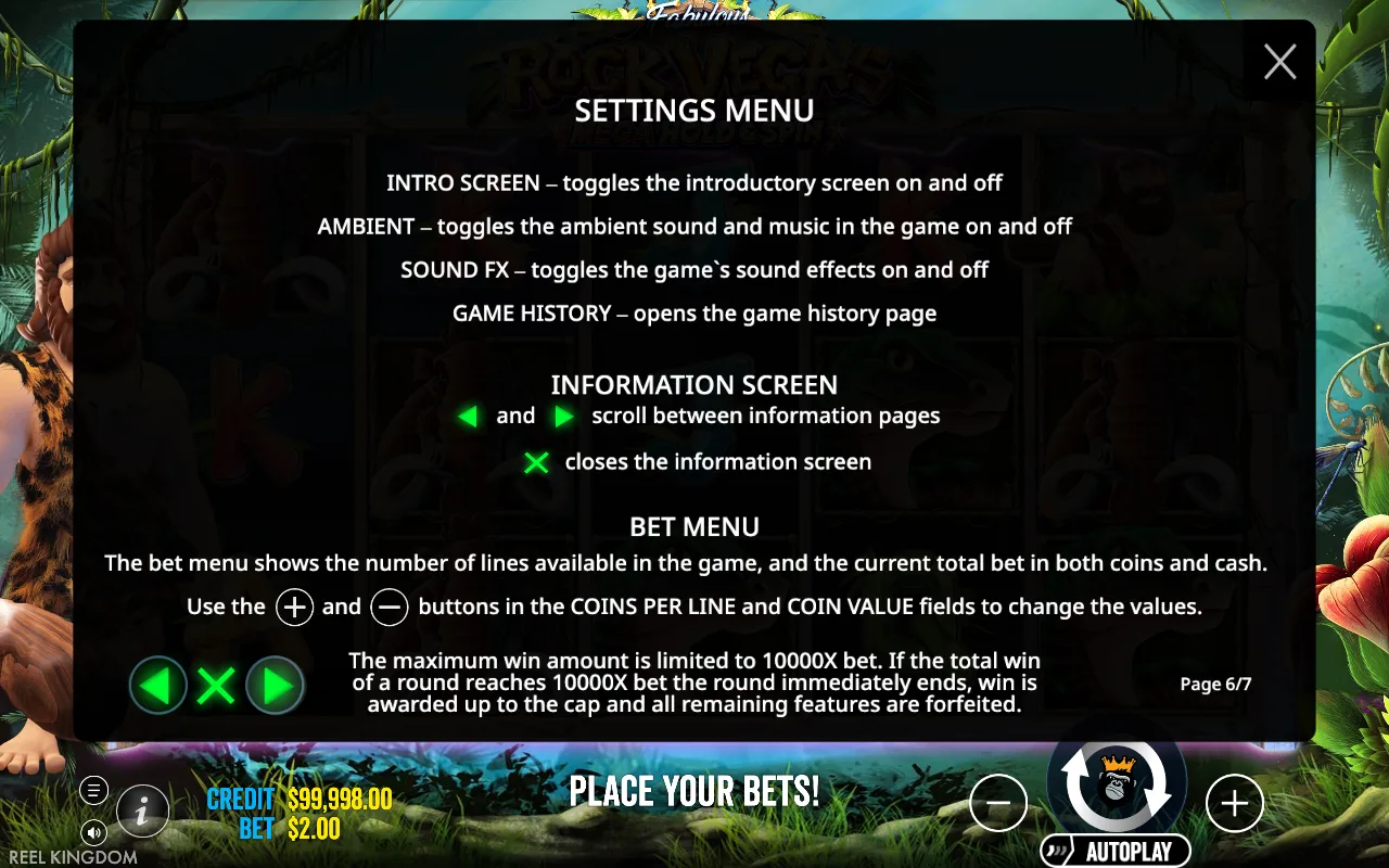 Settings menu — Rock Vegas