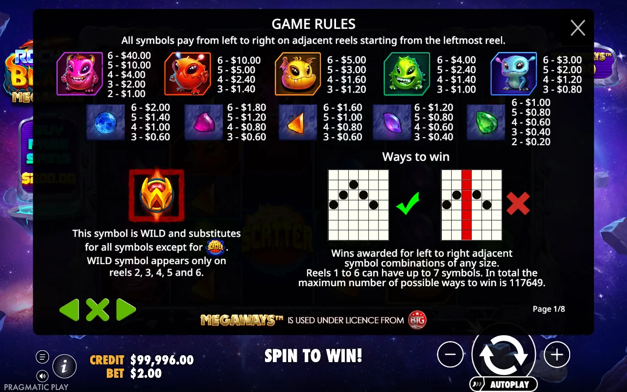 Game rules, page 1 — Rocket Blast Megaways