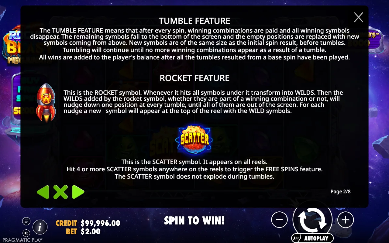 Tumble feature — Rocket Blast Megaways