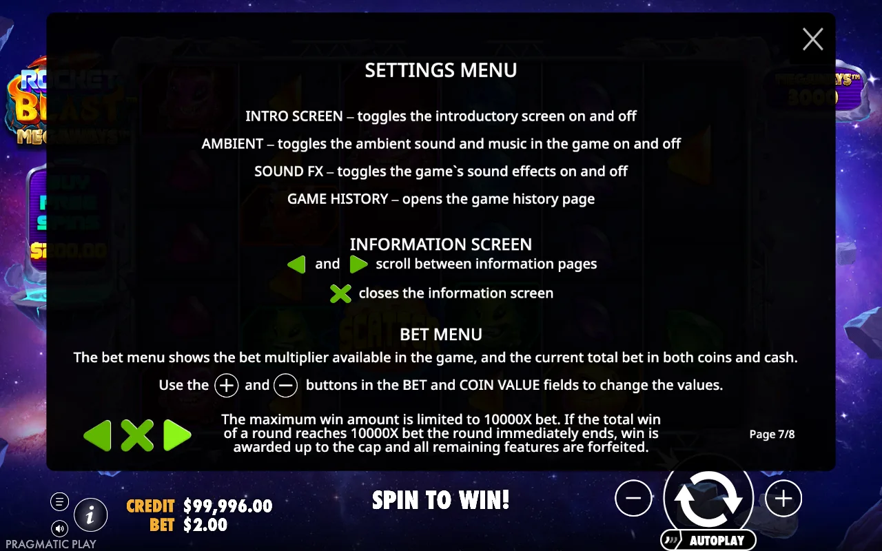 Settings menu — Rocket Blast Megaways