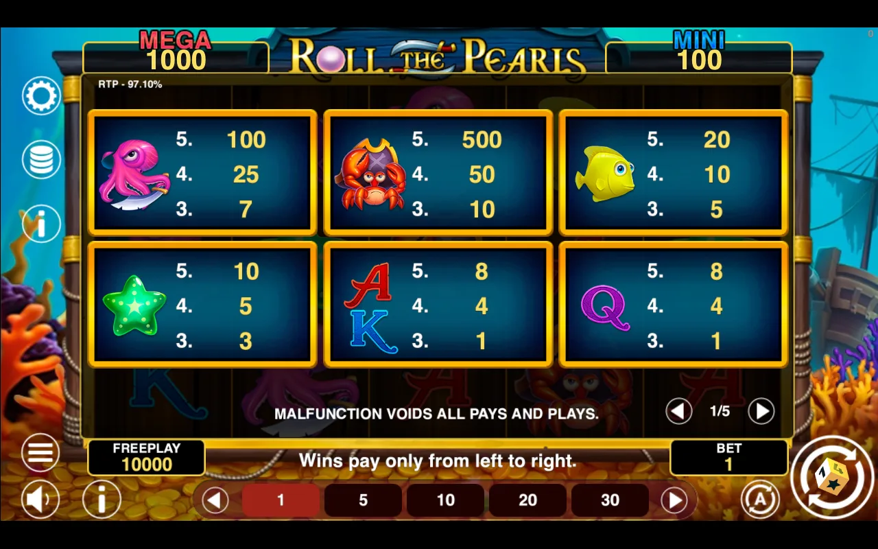 Game rules, page 1 — Roll The Pearls Hold And Win