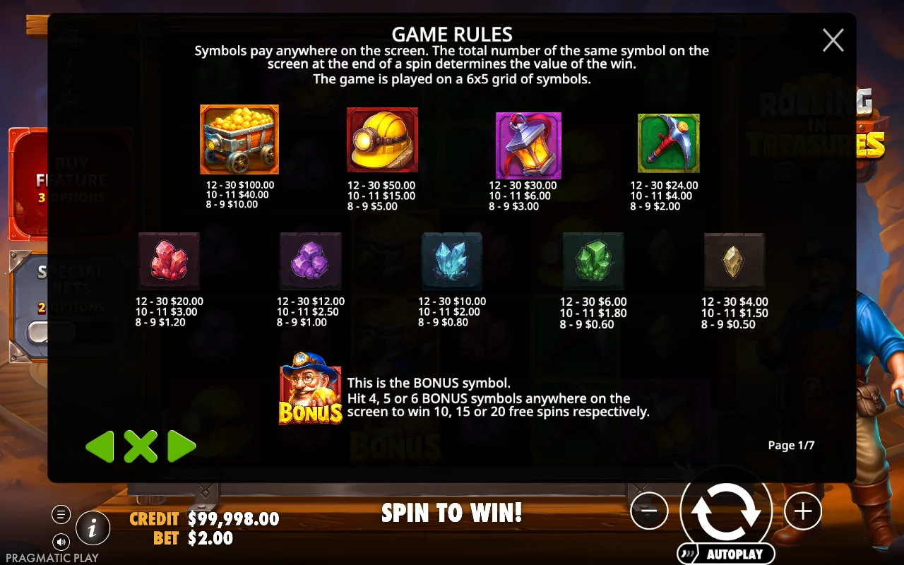Game rules, page 1 — Rolling in Treasures