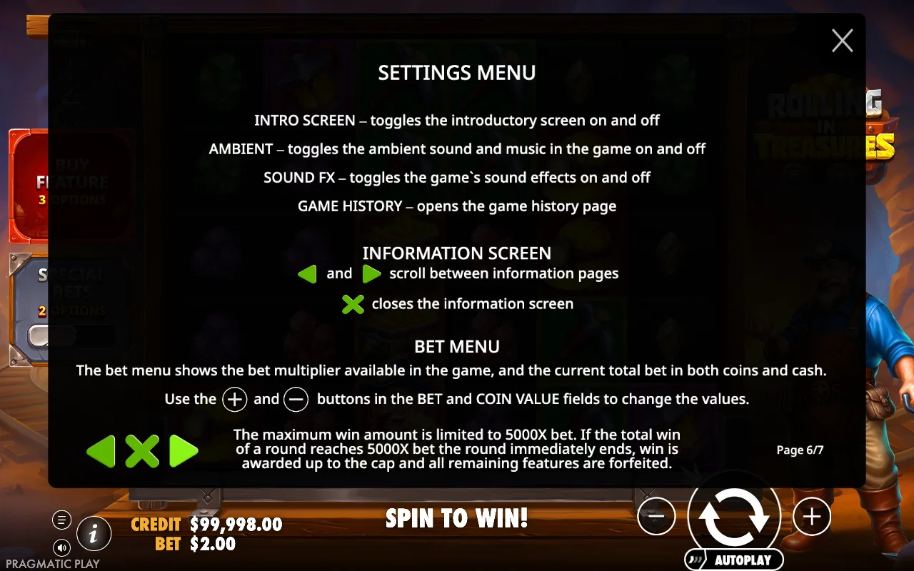Settings menu — Rolling in Treasures