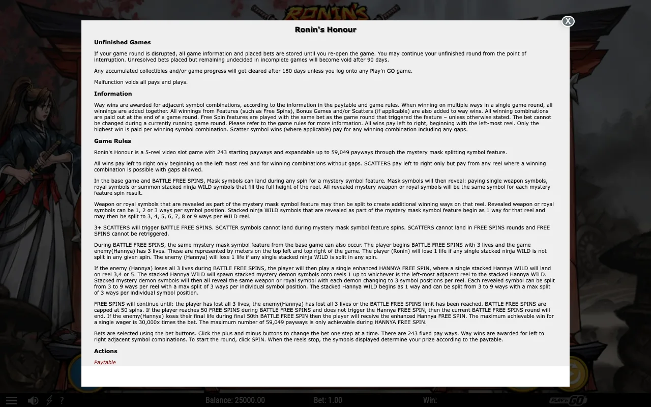 Game rules, page 1 — Ronin's Honour