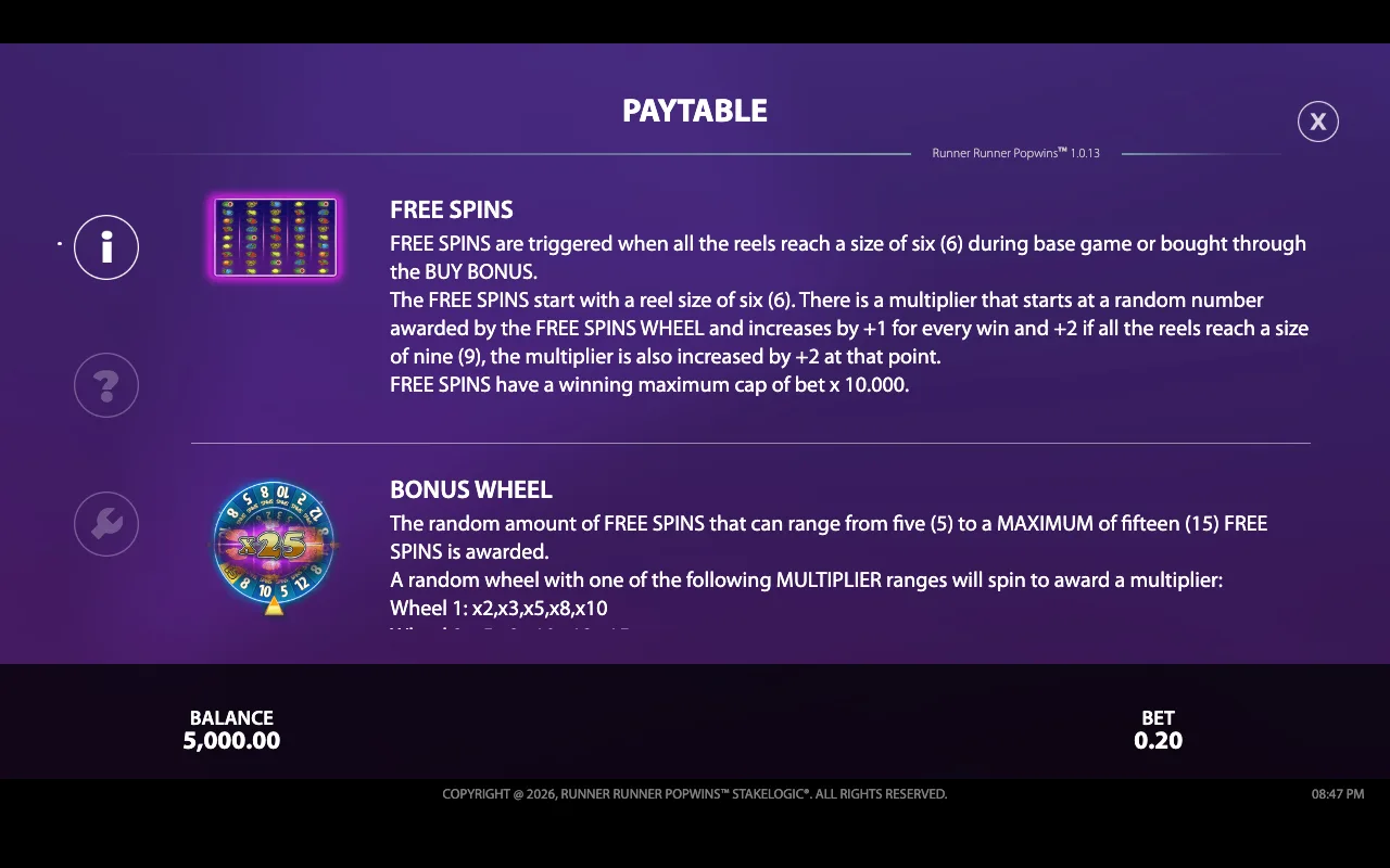 Paytable — Runner Runner Popwins