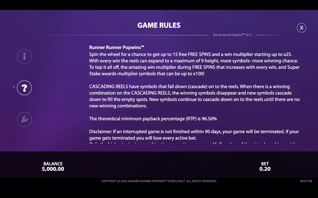 Game rules — Runner Runner Popwins