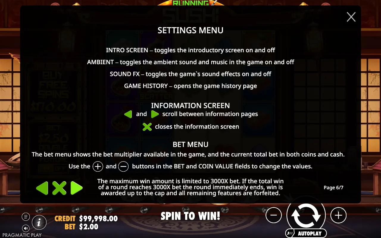 Settings menu — Running Sushi