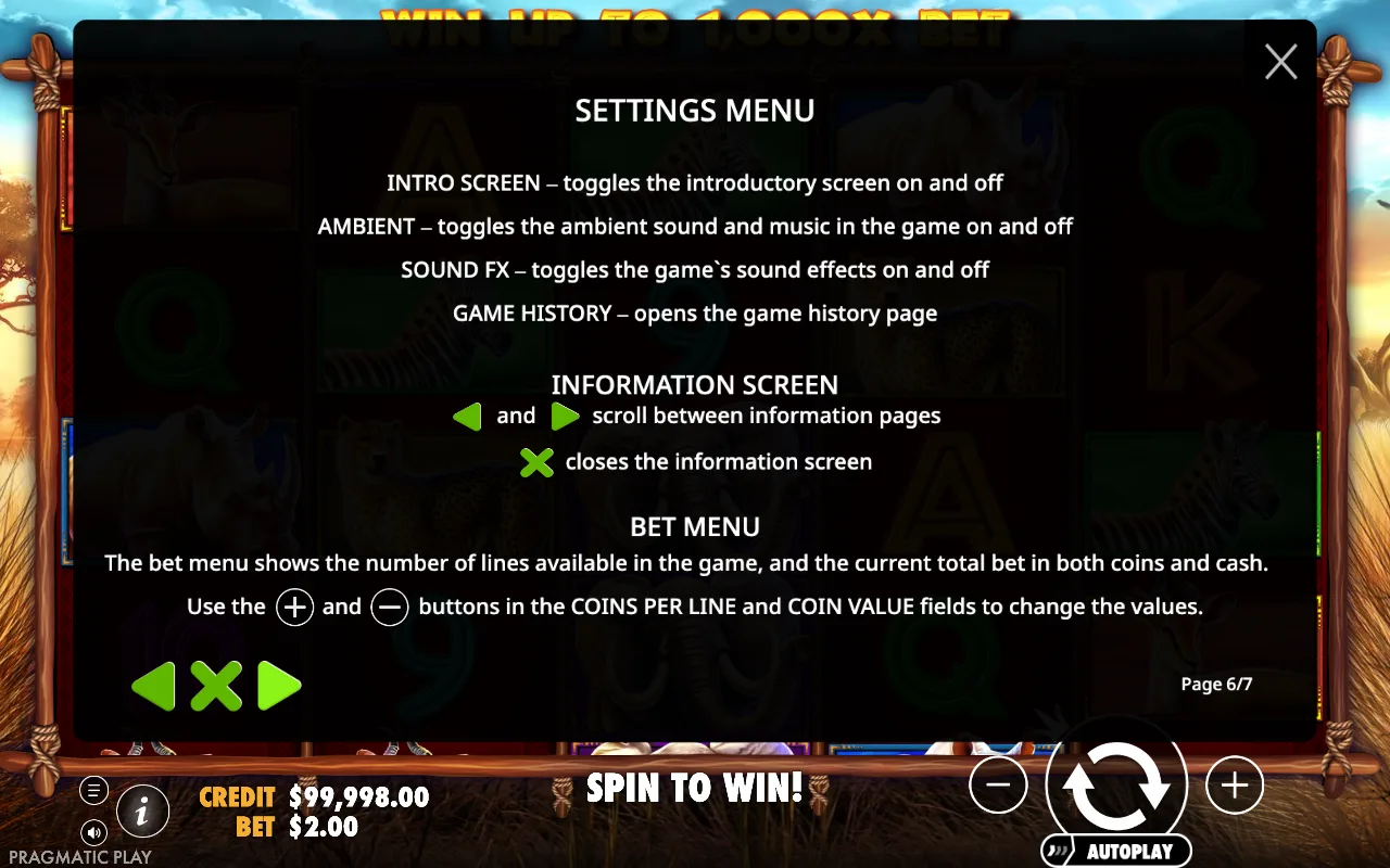 Settings menu — Safari King