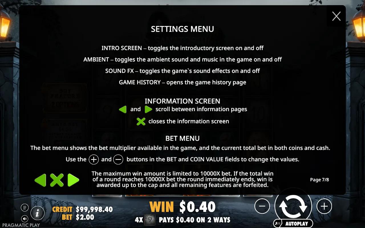 Settings menu — Sanatorium Secrets