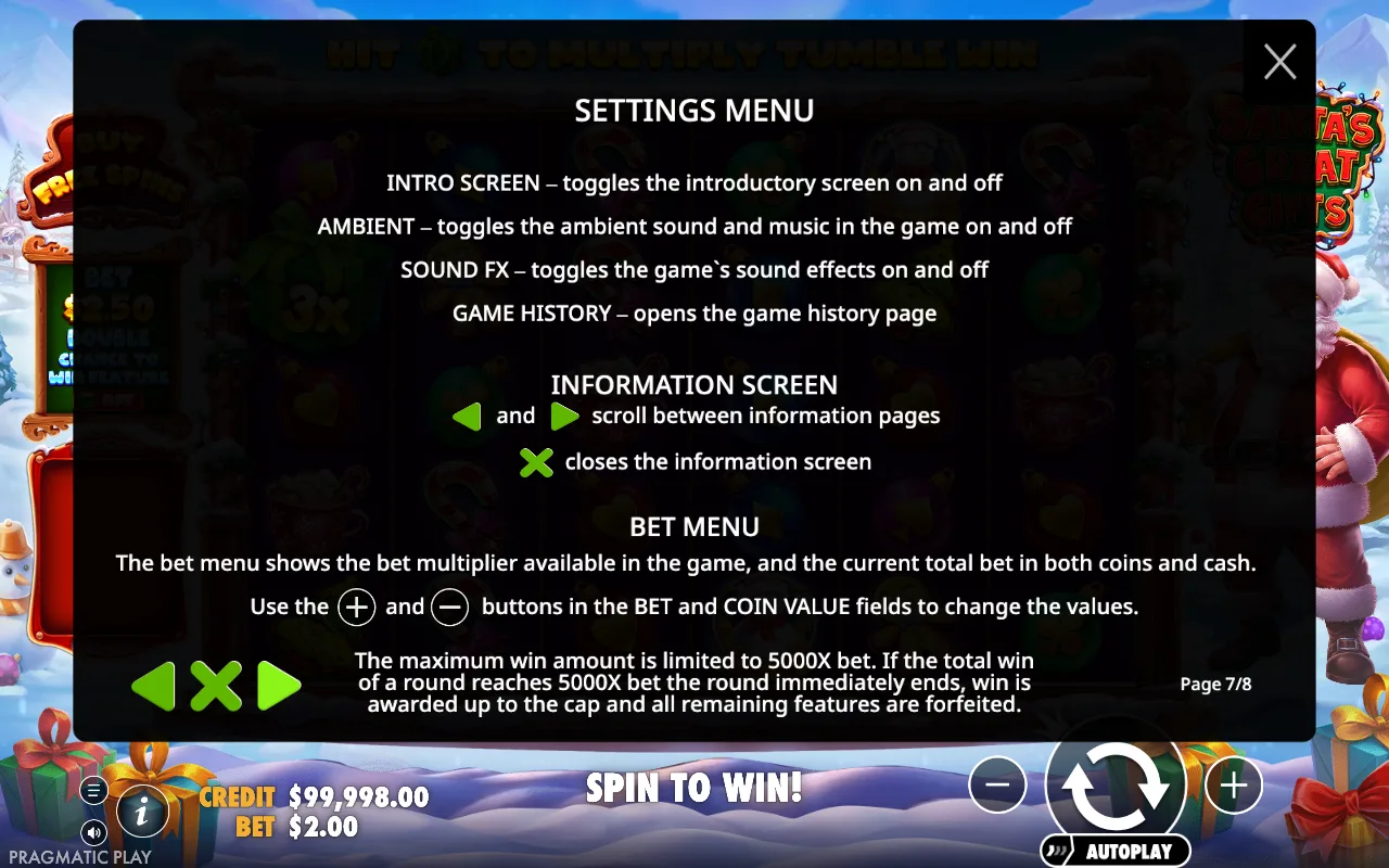 Settings menu — Santa's Great Gifts