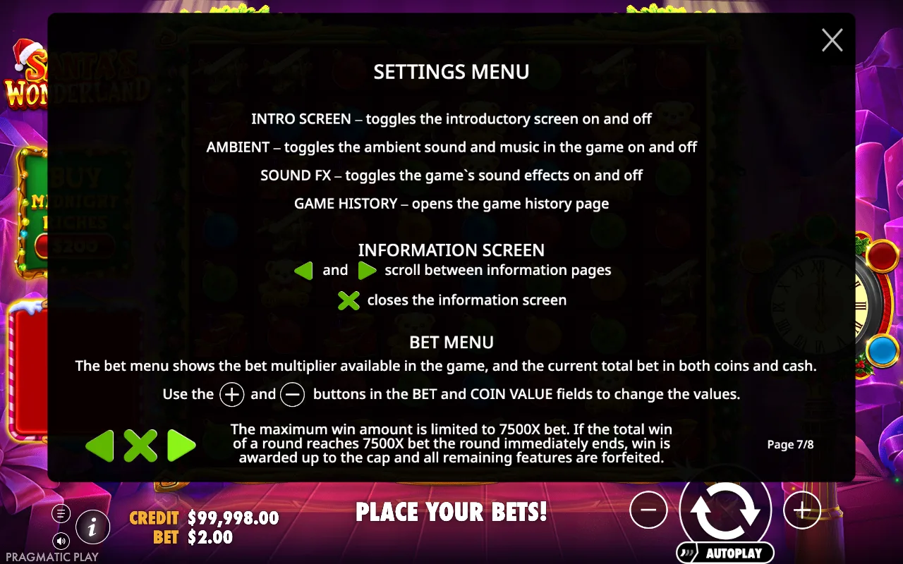 Settings menu — Santa's Wonderland