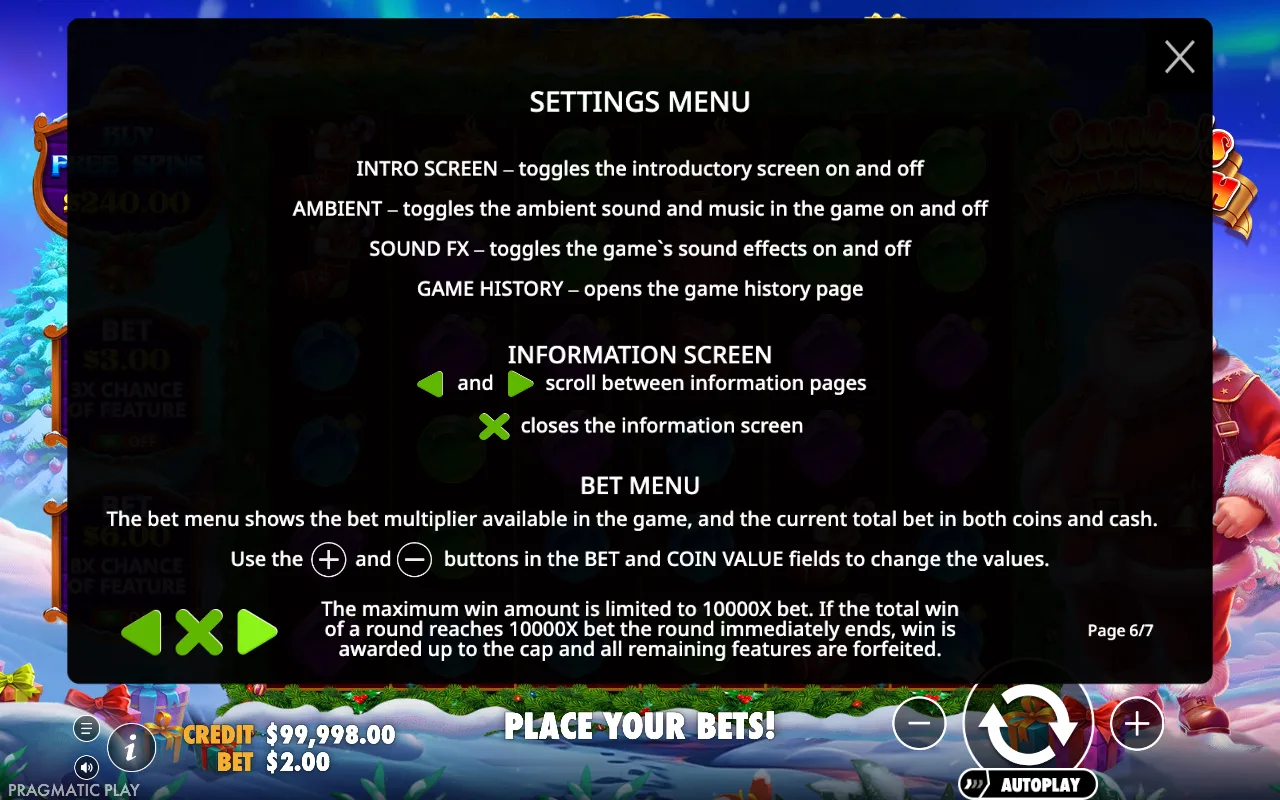 Settings menu — Santa's Xmas Rush