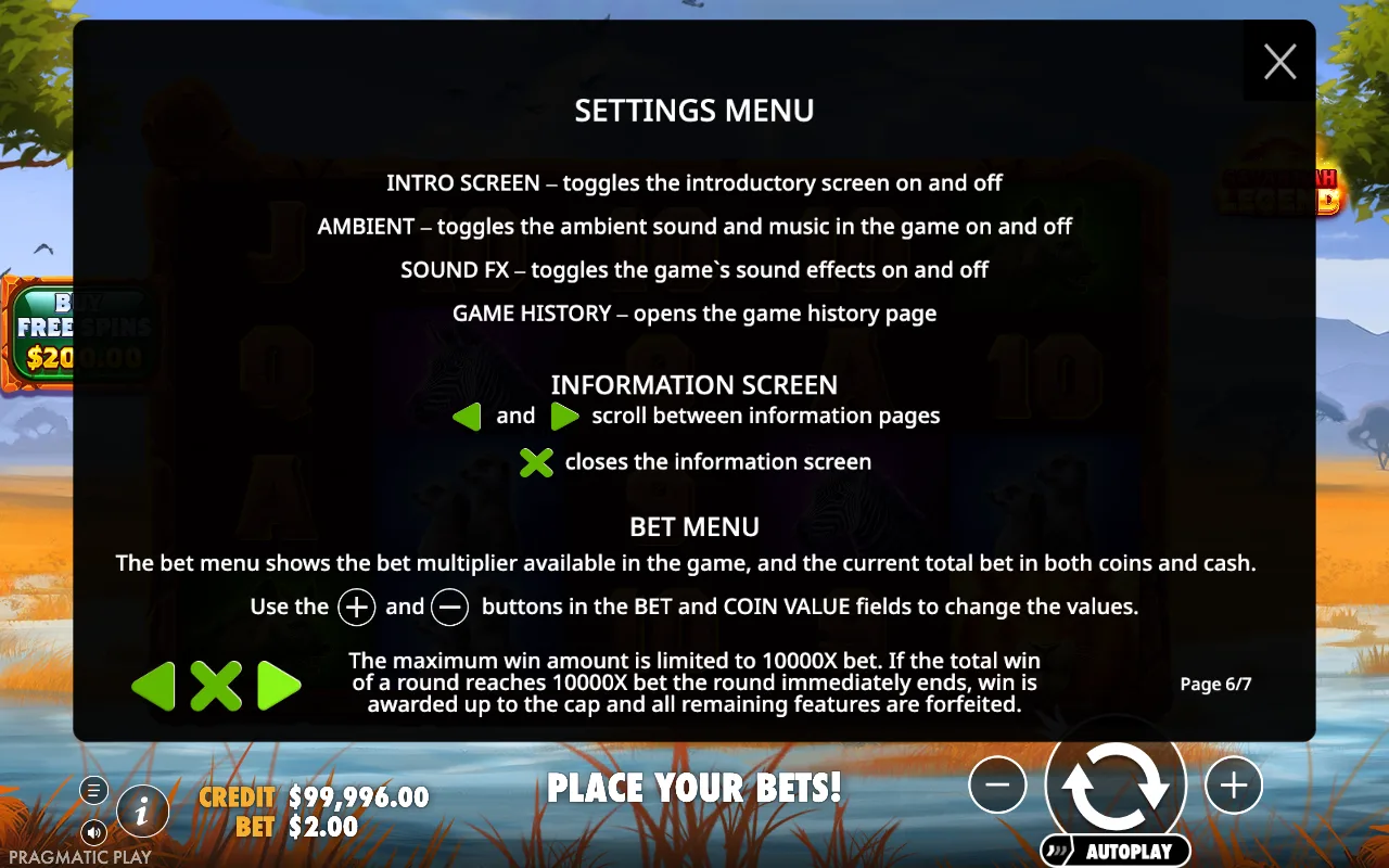 Settings menu — Savannah Legend