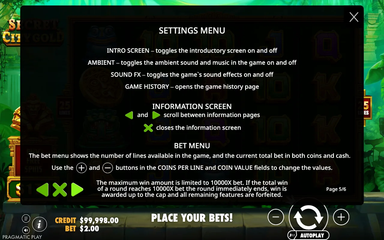 Settings menu — Secret City Gold