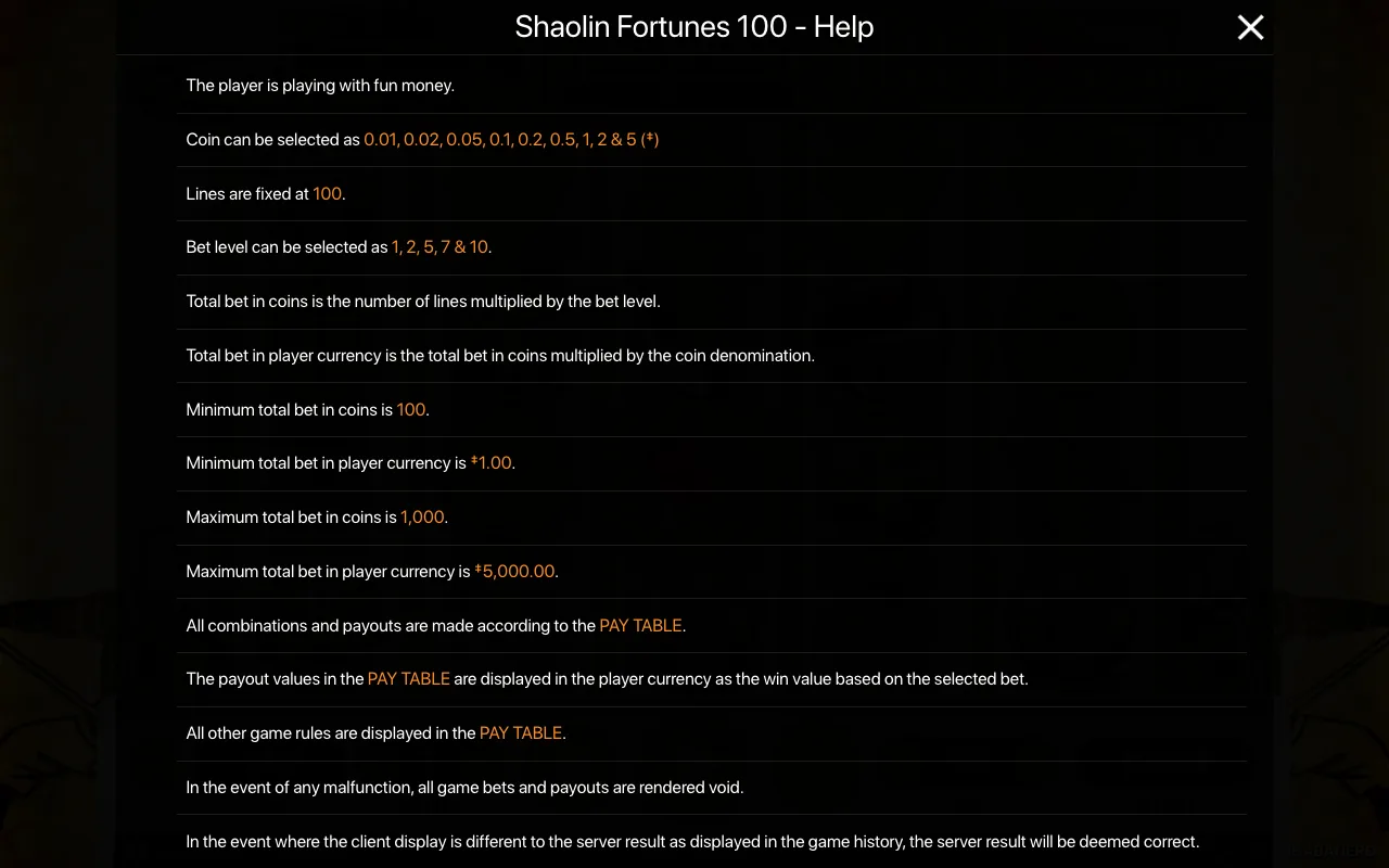 Règles du jeu, page 1 — Shaolin Fortunes 100