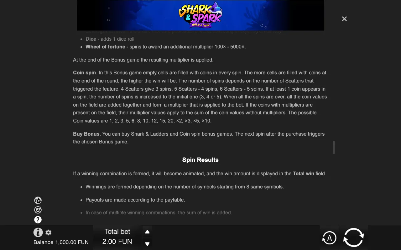 Game rules, page 9 — Shark & Spark Hold & Win