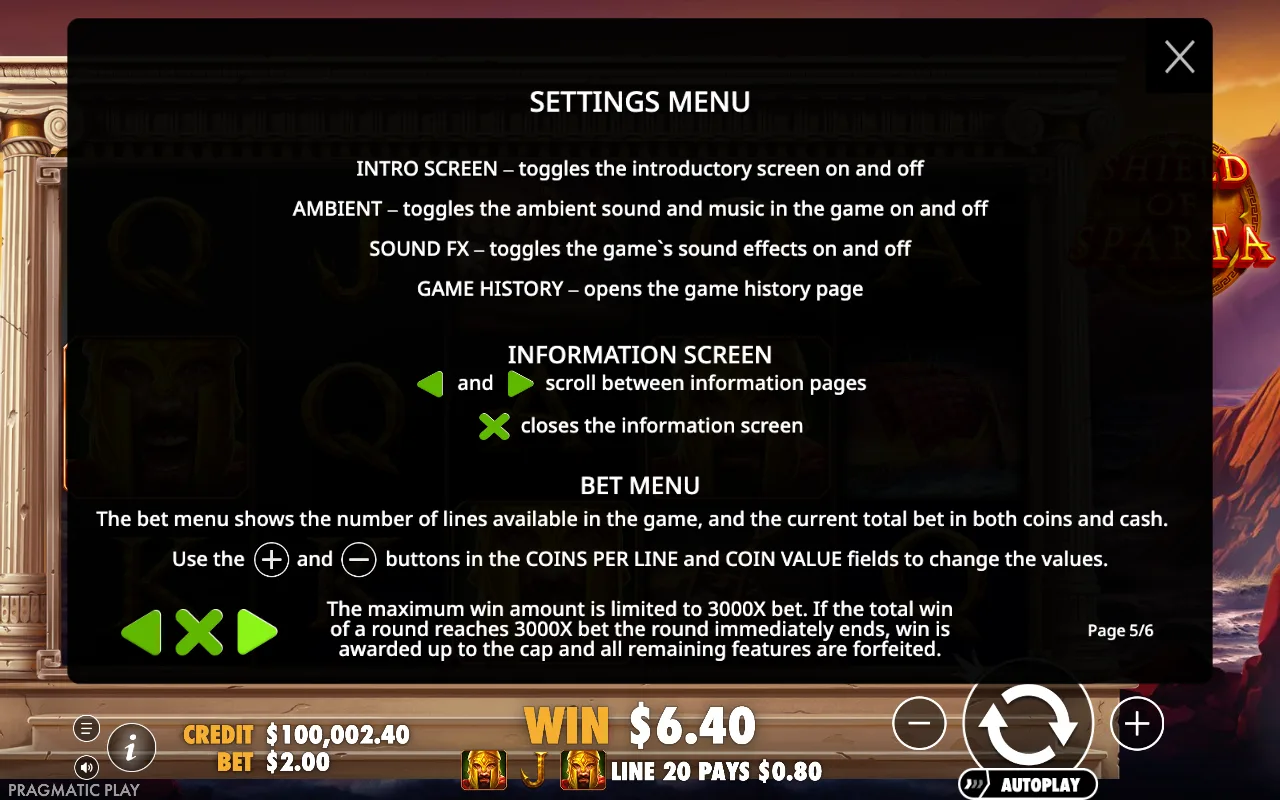 Settings menu — Shield of Sparta