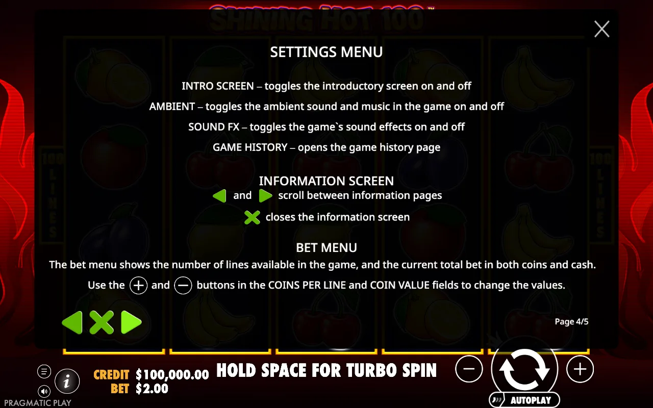 Settings menu — Shining Hot 100