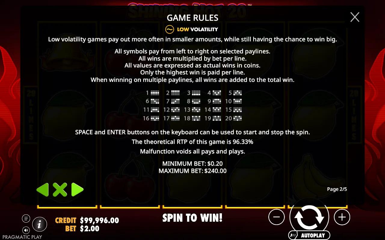 Game rules, page 2 — Shining Hot 20