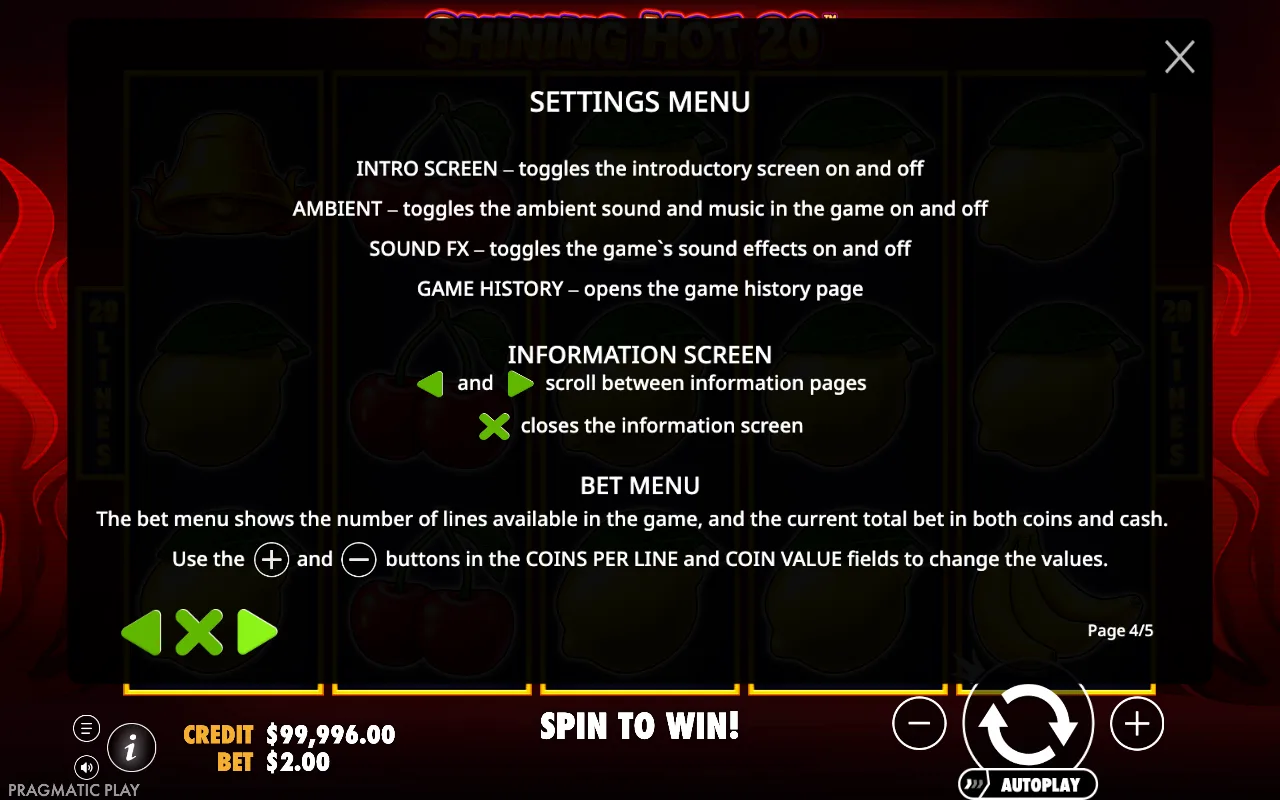 Settings menu — Shining Hot 20