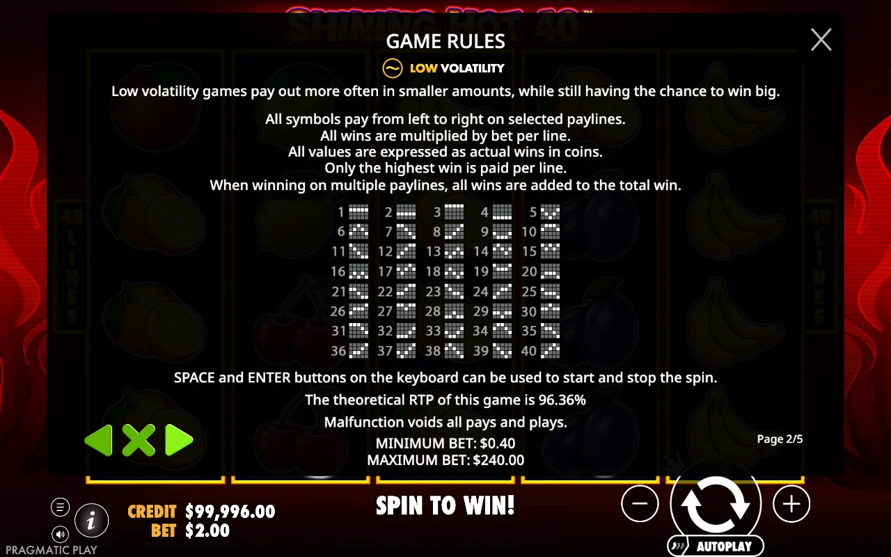 Game rules, page 2 — Shining Hot 40