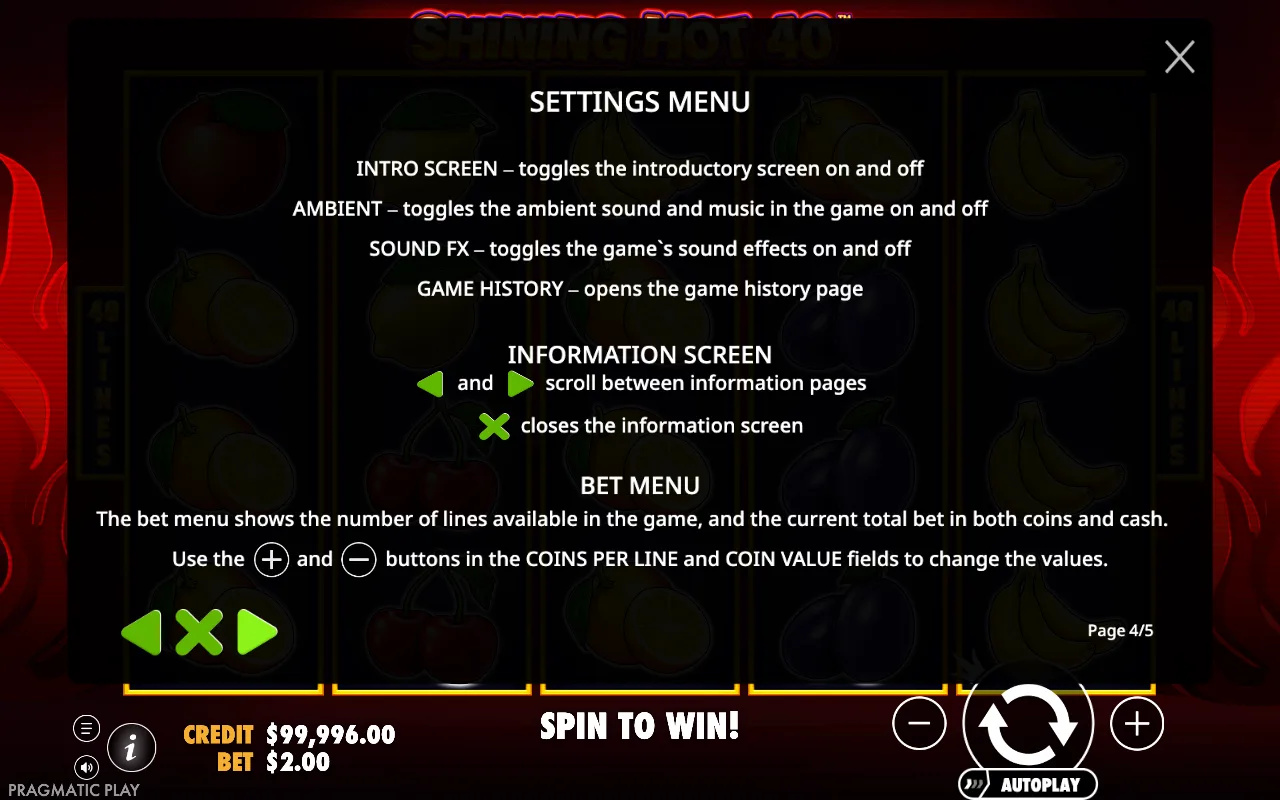 Settings menu — Shining Hot 40