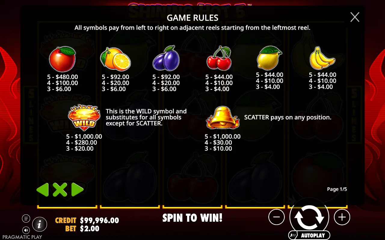 Game rules, page 1 — Shining Hot 5