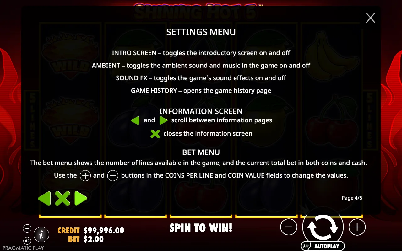 Settings menu — Shining Hot 5