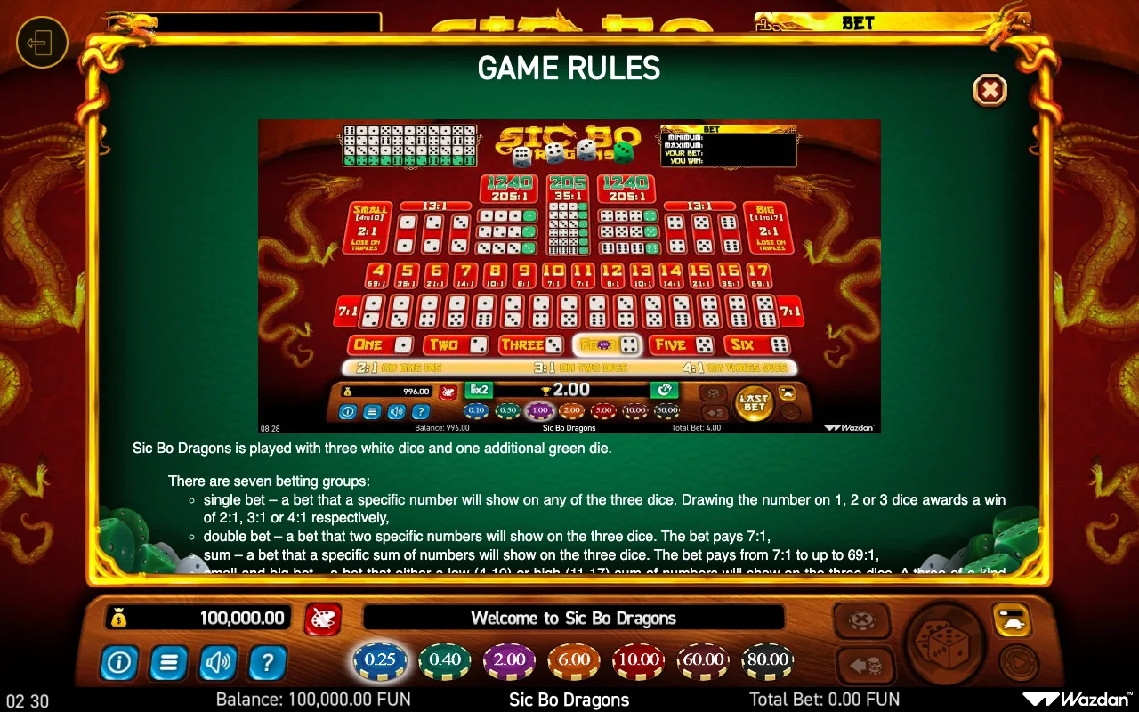 Game rules — Sic bo Dragons