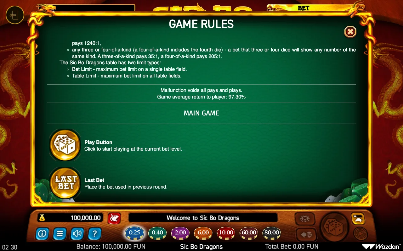 Game rules — Sic bo Dragons
