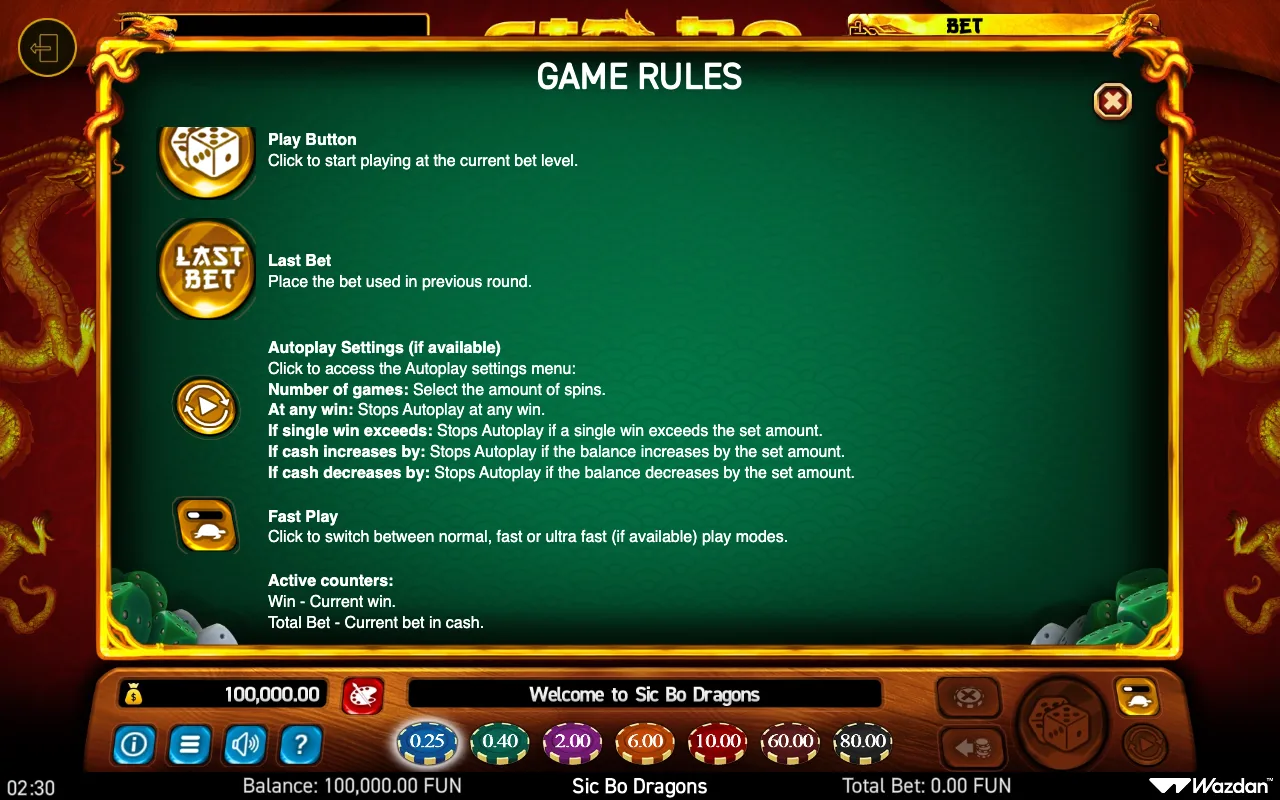 Game rules — Sic bo Dragons