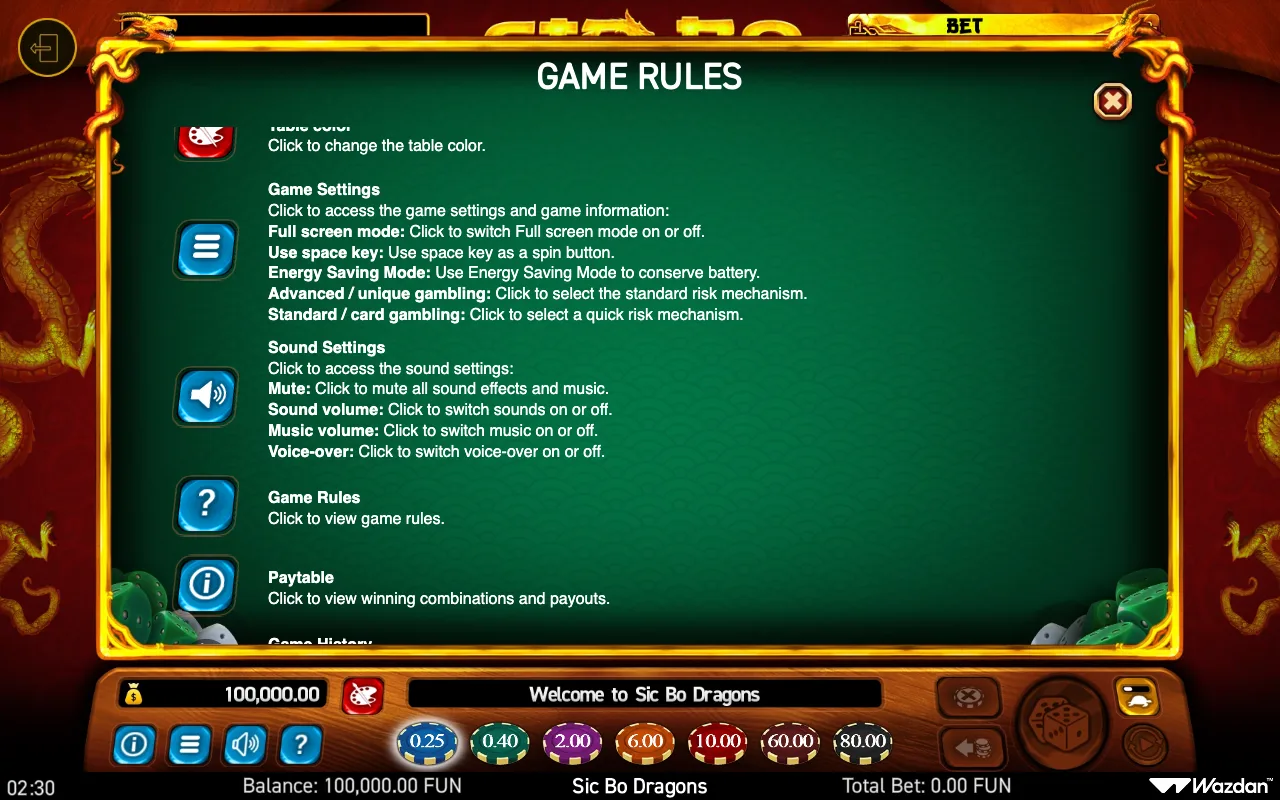 Game rules — Sic bo Dragons