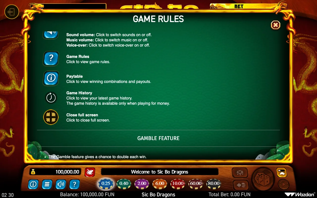 Game rules — Sic bo Dragons
