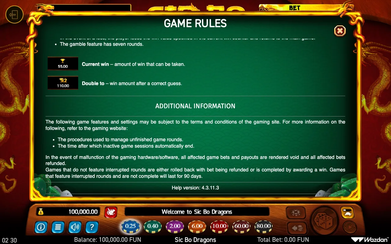 Game rules — Sic bo Dragons