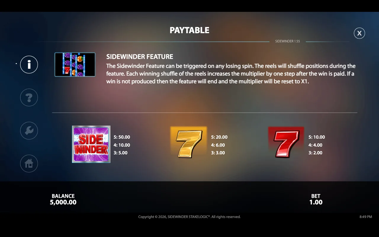 Paytable — Sidewinder Quattro