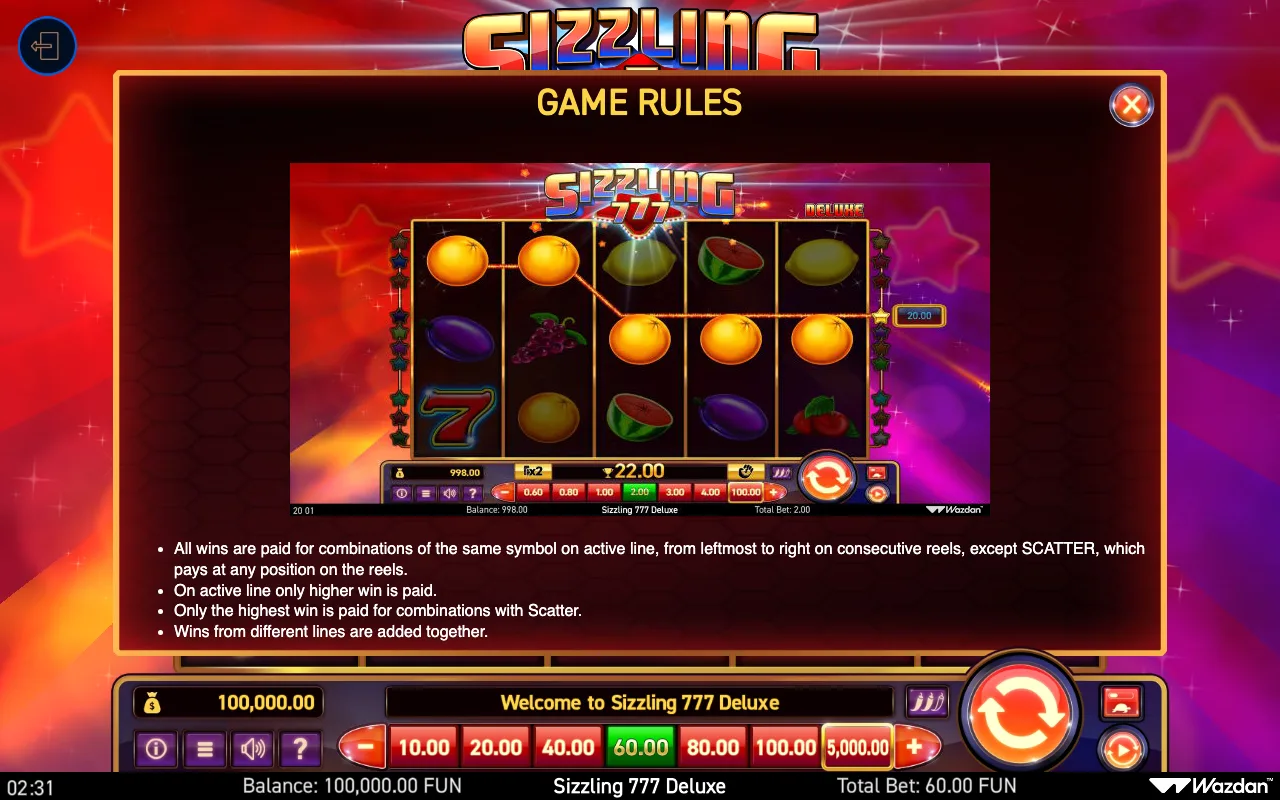 Game rules, page 2 — Sizzling 777 Deluxe
