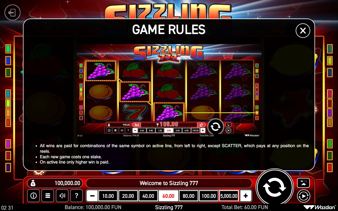 Game rules, page 2 — Sizzling 777