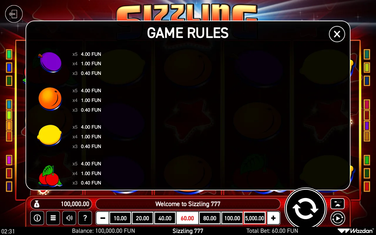 Game rules, page 3 — Sizzling 777