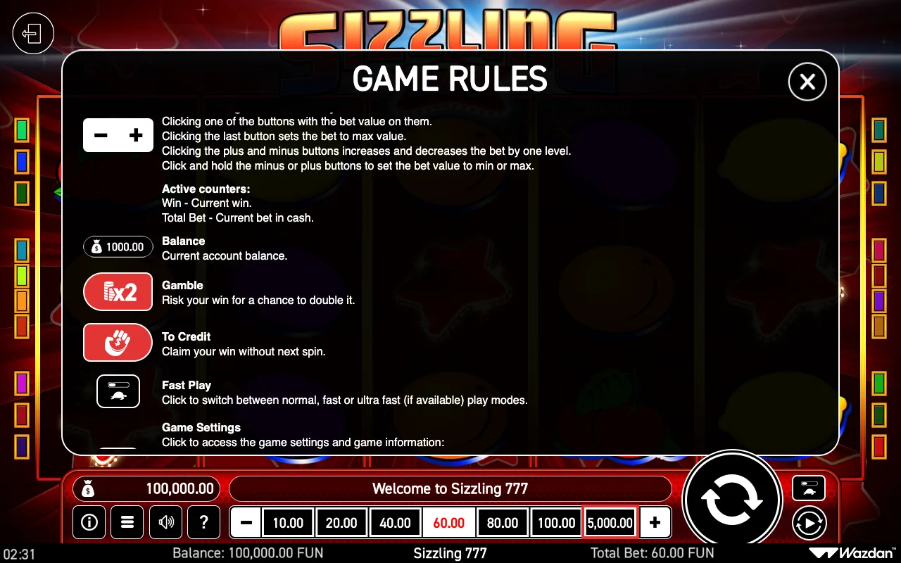 Game rules, page 5 — Sizzling 777