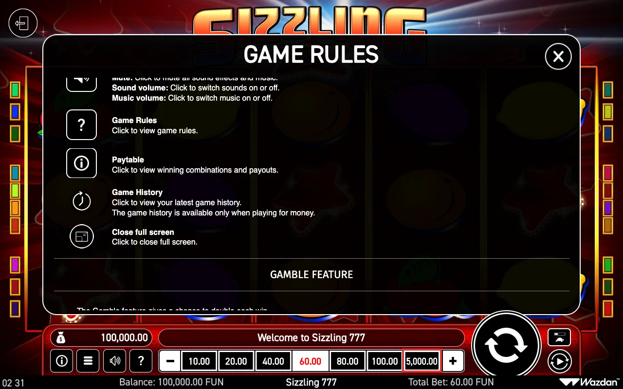 Game rules, page 6 — Sizzling 777